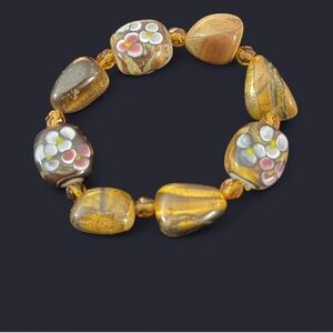 Handmade Tiger’s Eye & Floral Glass Stretch Bracelet | Boho Crystal Statement